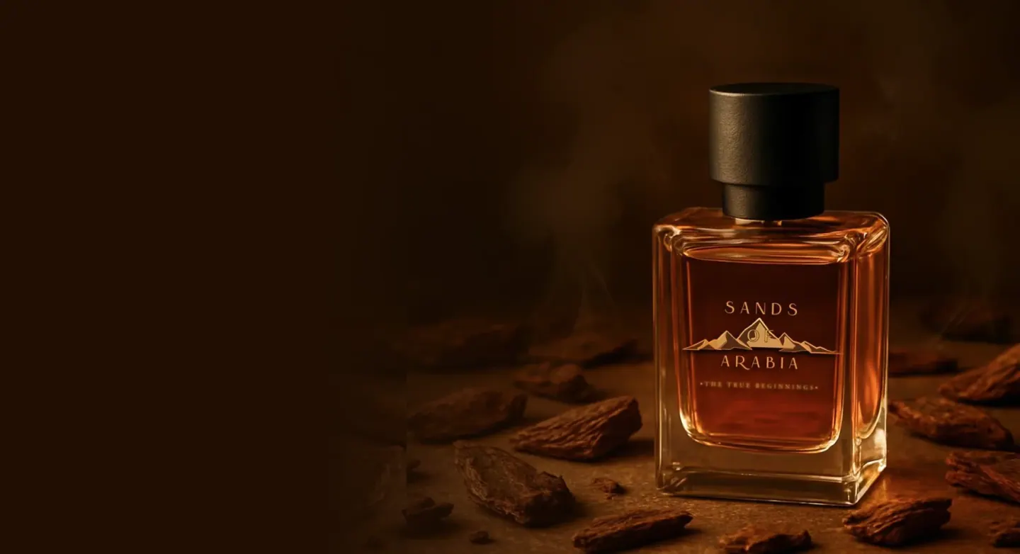 Sands of Arabia perfume bottle among oud wood